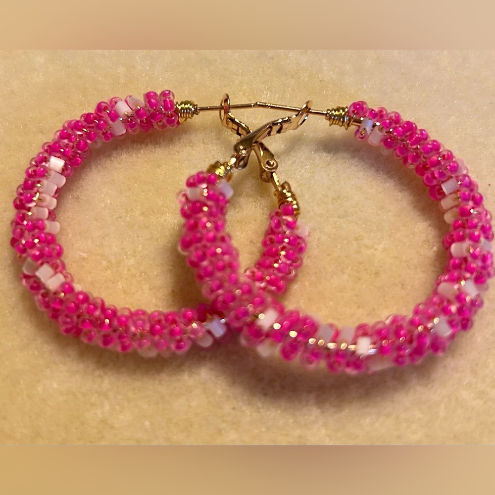 Hand-beaded 1 1/2” Pink Dreams Hoop Earrings NWOT